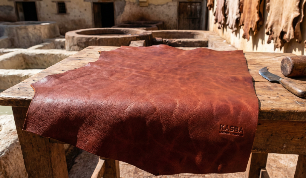 Close-up shot of natural grain texture on a Kasba Leather satchel showing unique pores and variations.