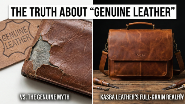 Side-by-side comparison showing a peeling "Genuine Leather" belt next to a pristine Kasba Leather Full Grain belt.