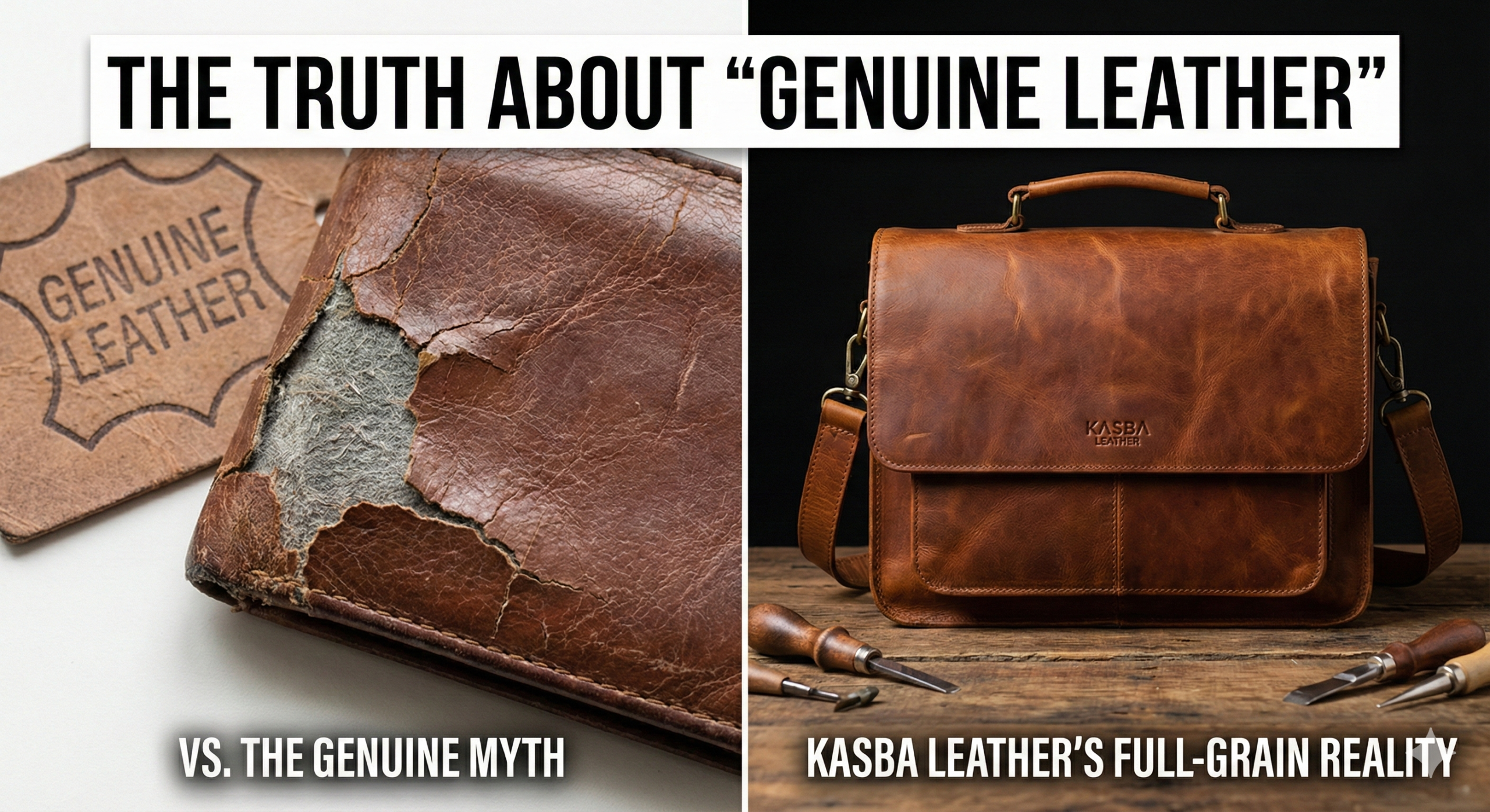 Side-by-side comparison showing a peeling "Genuine Leather" belt next to a pristine Kasba Leather Full Grain belt.