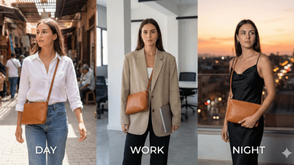 A woman walking outdoors wearing a white linen shirt and jeans, styled with a tan Kasba Leather crossbody bag across her chest.