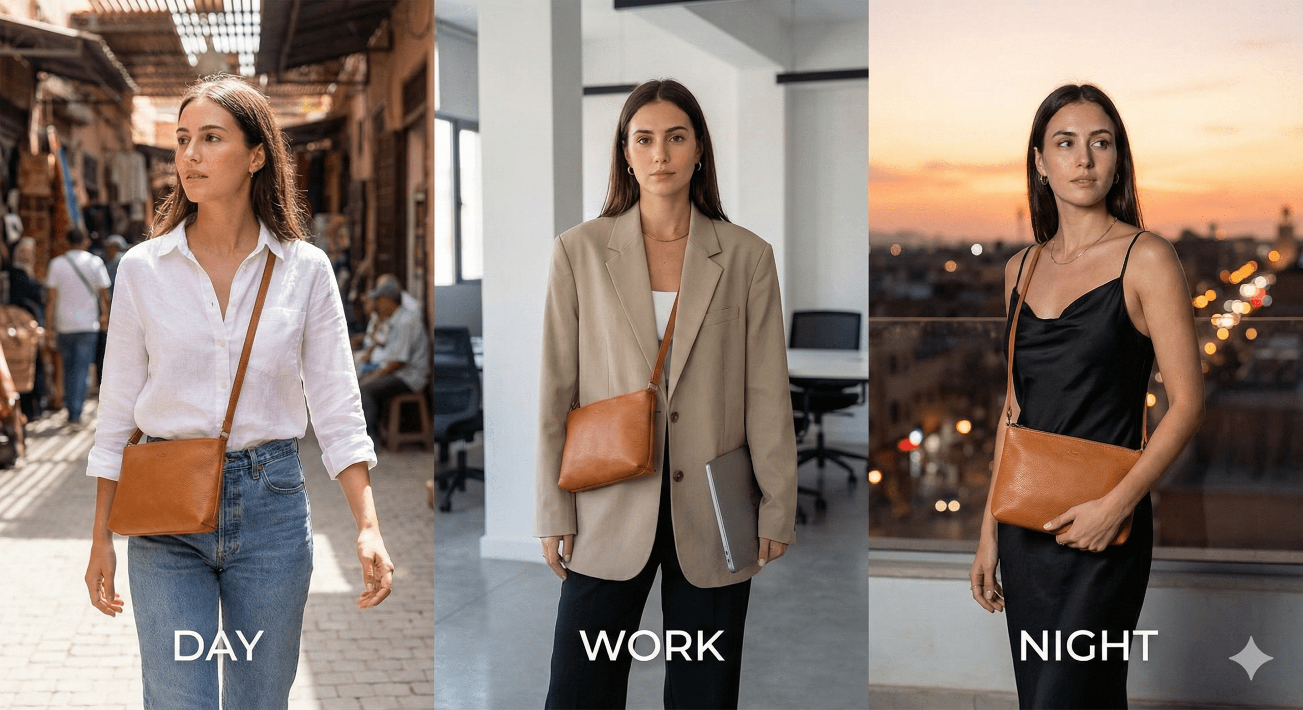 A woman walking outdoors wearing a white linen shirt and jeans, styled with a tan Kasba Leather crossbody bag across her chest.