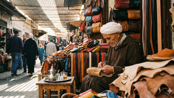 Elderly Moroccan leather craftsman sitting in his stall at Souk El Had, Agadir, stitching a yellow babouche slipper with hanging leather bags in the background.