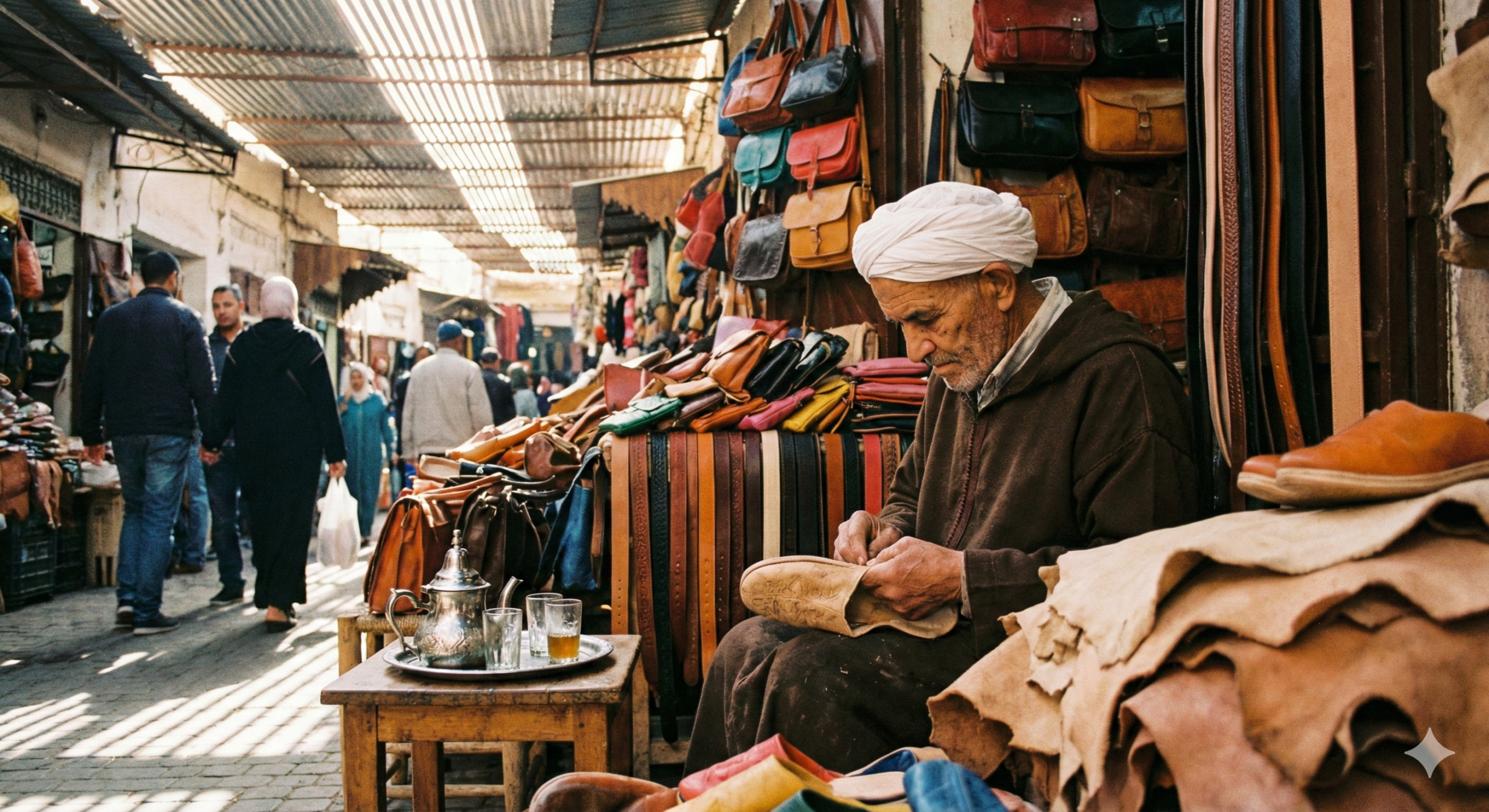 Elderly Moroccan leather craftsman sitting in his stall at Souk El Had, Agadir, stitching a yellow babouche slipper with hanging leather bags in the background.