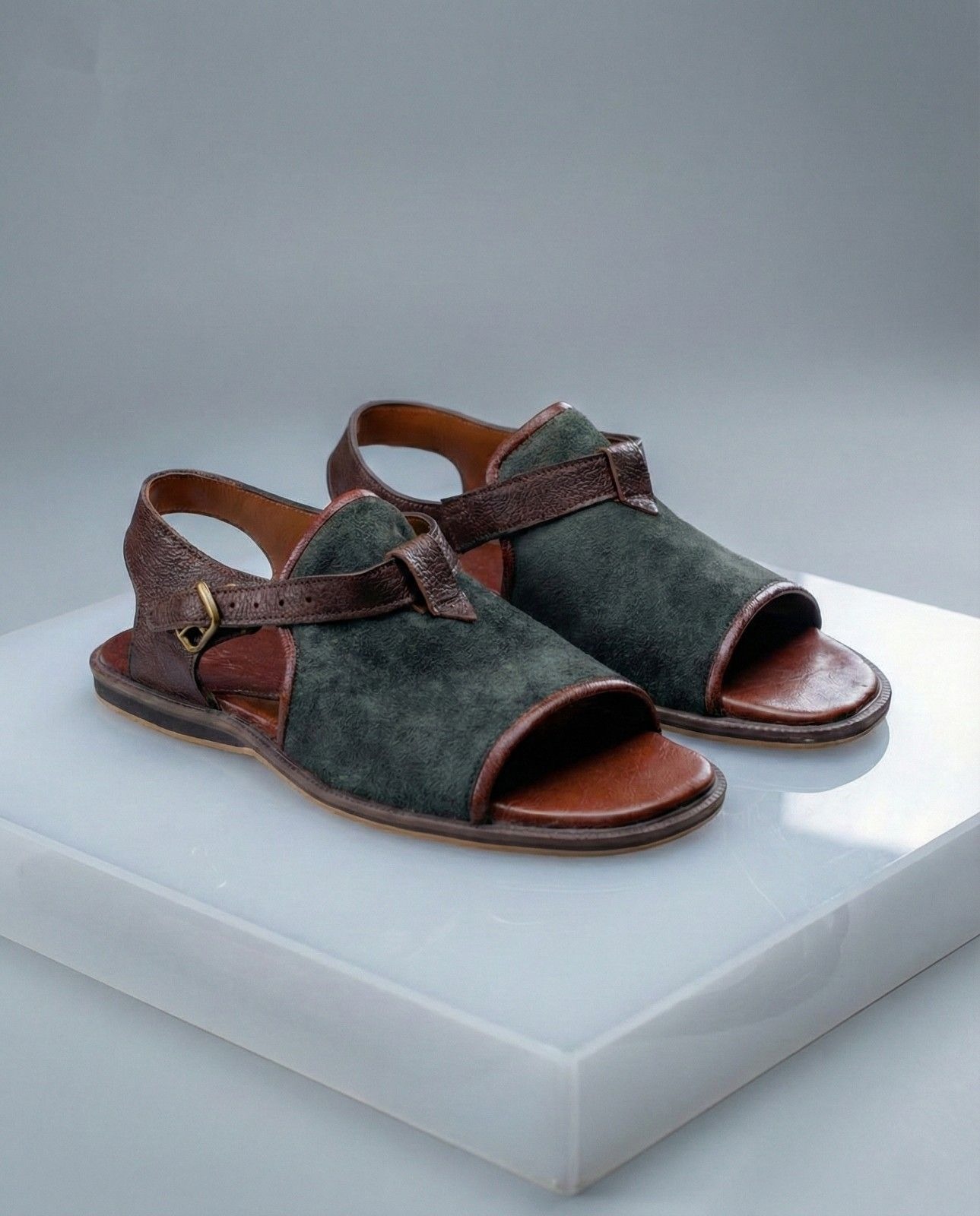 Pair of The Pasha, brown Men's Strap Leather Sandals showing the multi-strap slide design.