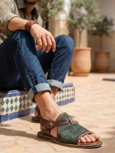 Pair of The Pasha, brown Men's Strap Leather Sandals showing the multi-strap slide design.