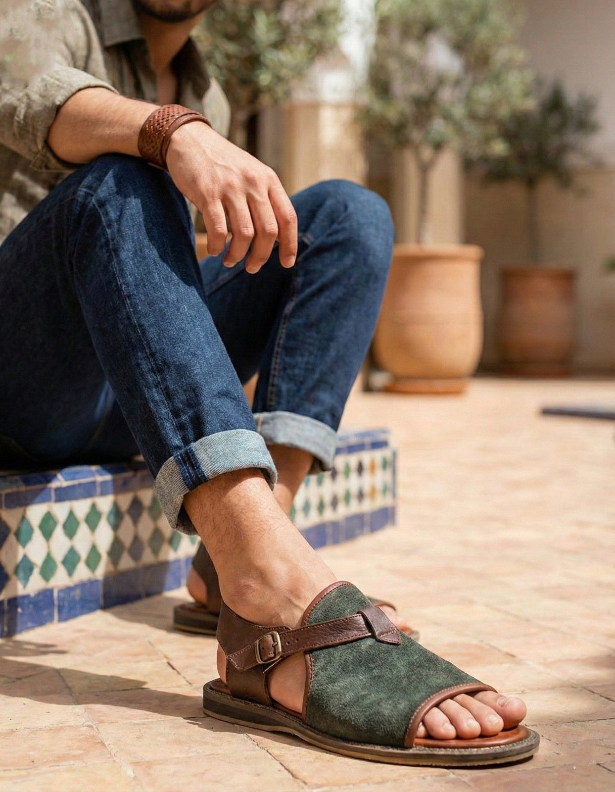 Pair of The Pasha, brown Men's Strap Leather Sandals showing the multi-strap slide design.