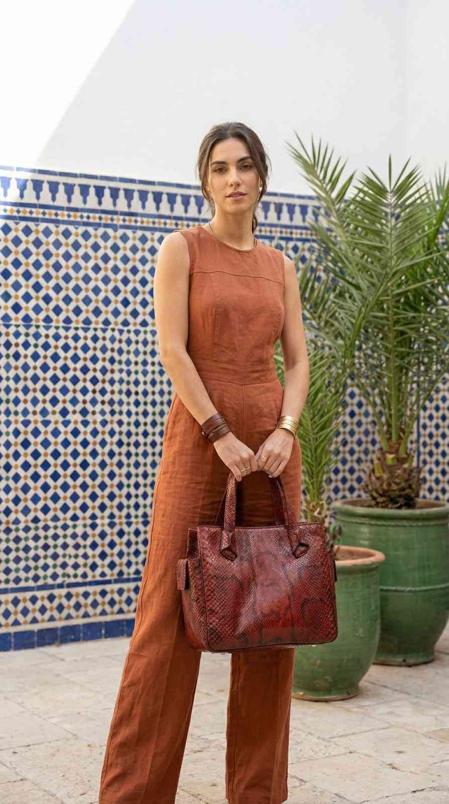 Handmade Kasba Leather Wildcard Bag in red anaconda serpent skin displayed on an artisan wooden desk.