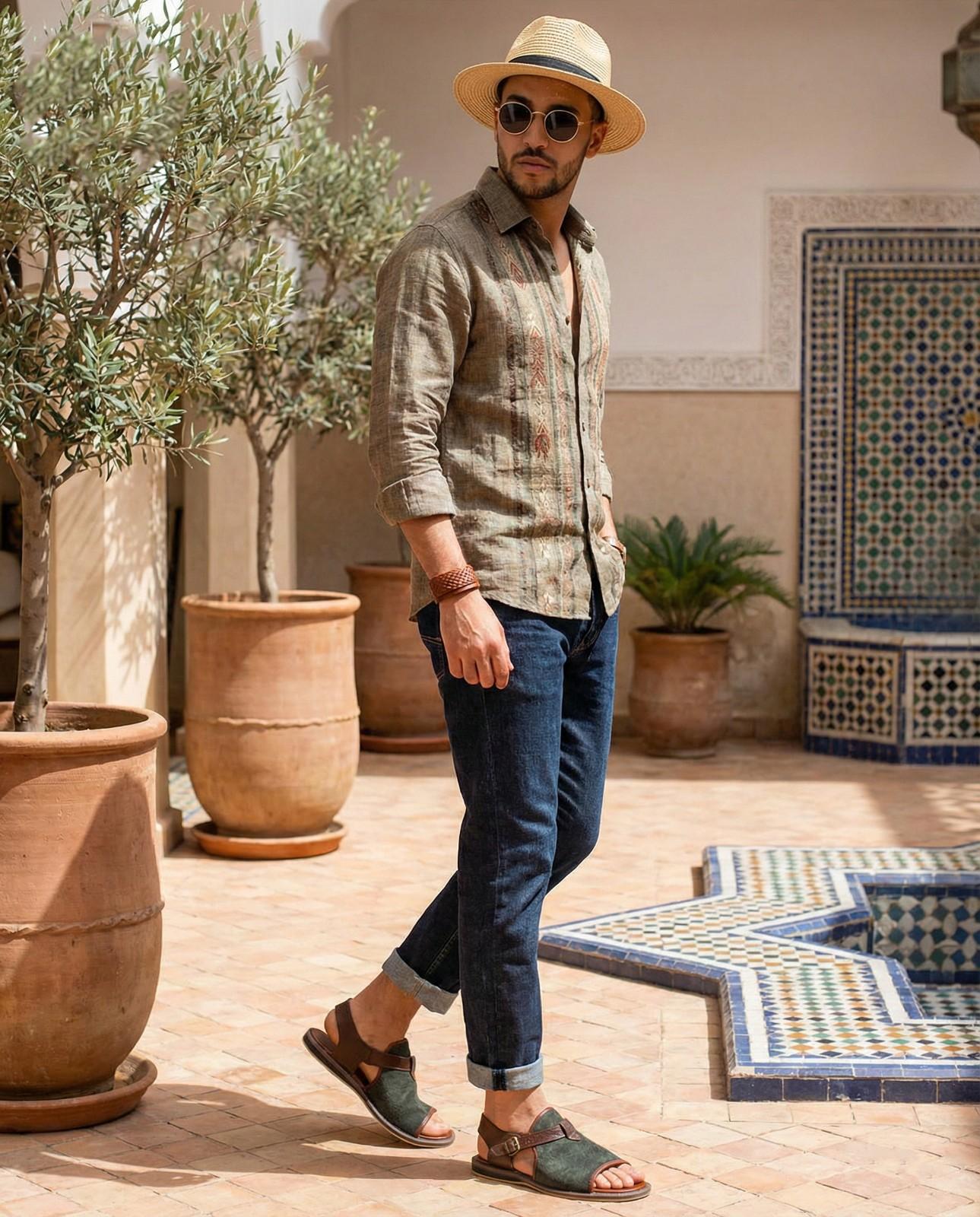 Man wearing brown Men's Strap Leather Sandals standing on tiled floor.