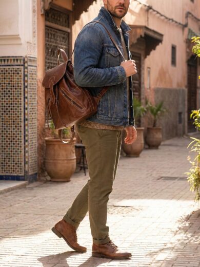 Man wearing The Explorer Handmade Leather Backpack walking through a city.