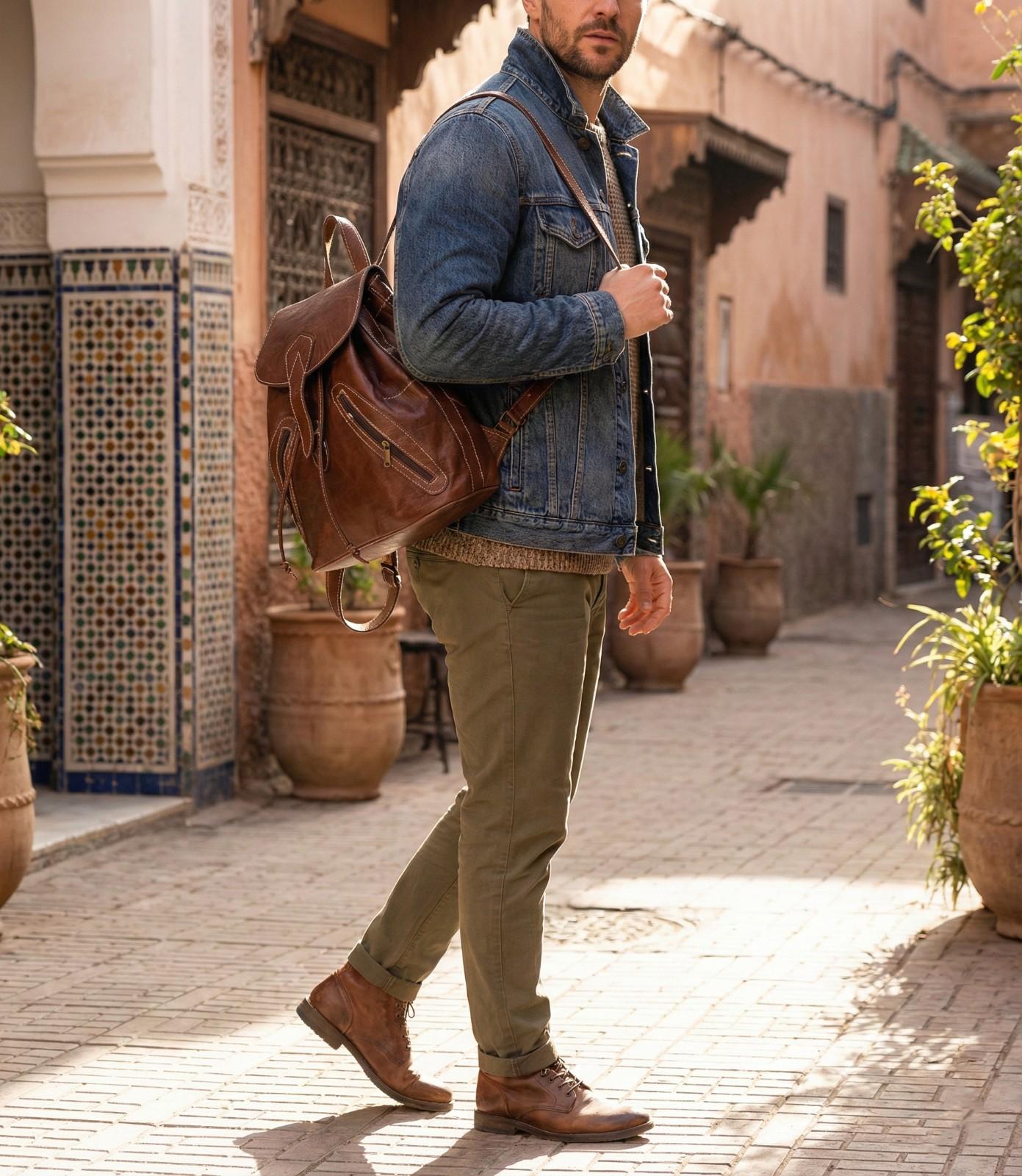 Man wearing The Explorer Handmade Leather Backpack walking through a city.