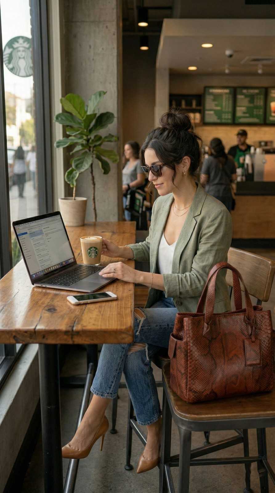 A classy woman in heels and a blazer showcasing the handmade red anaconda leather Wildcard bag by Kasba Leather.