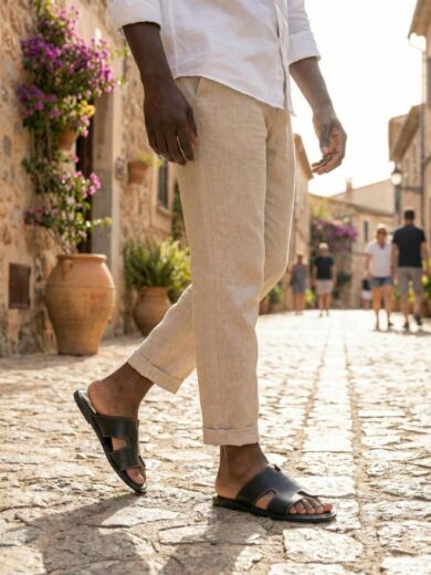 Man wearing The Zayd Men's Black Slip-on Sandals with lenin pants