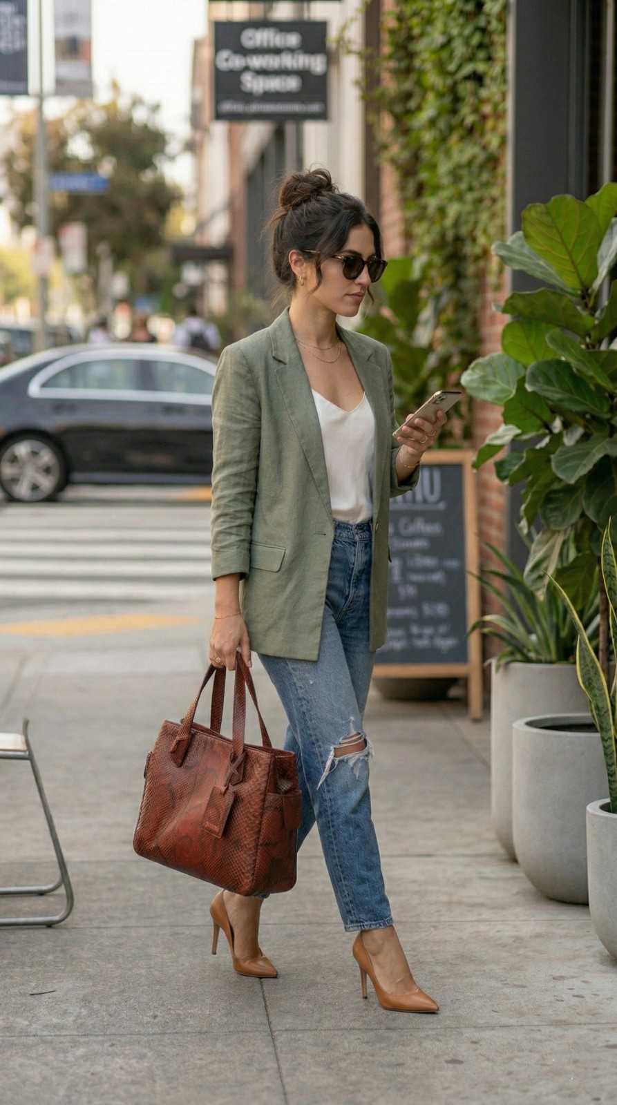 Busy entrepreneur checking emails on a laptop with the red anaconda serpent leather bag sitting on a cafe table.