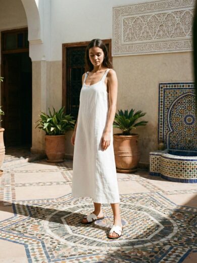 Pair of The Assilah, Women's White Leather Slides showing the H-strap design.