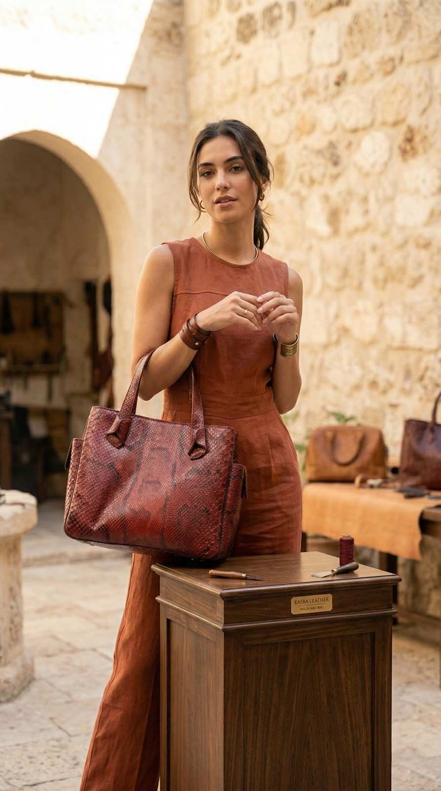 Woman holding the handmade Kasba Wildcard genuine red anaconda leather bag