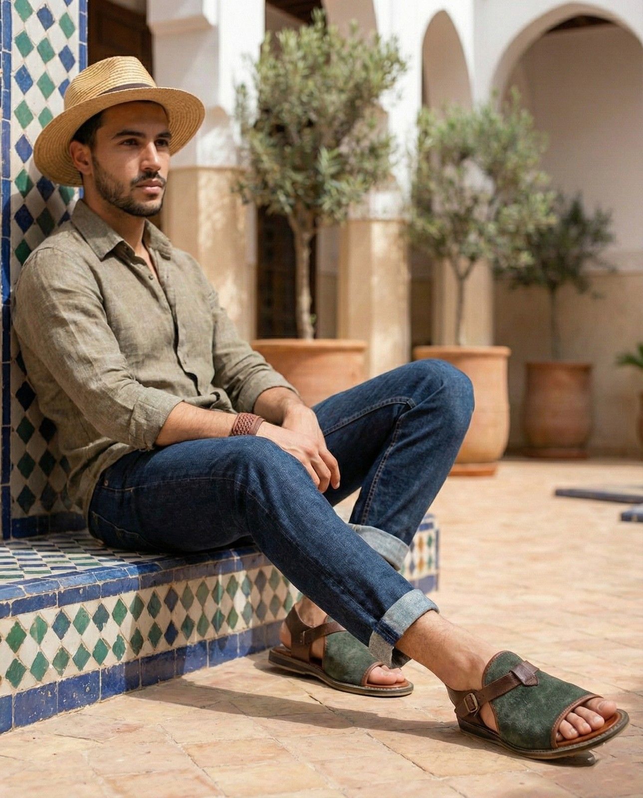 The Pasha brown Men's Strap Leather Sandals displayed in a sunny Moroccan setting.