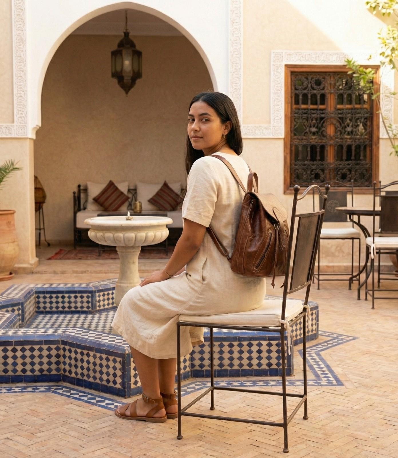 Angled shot of the Handmade Leather Backpack showing the depth and side pockets.