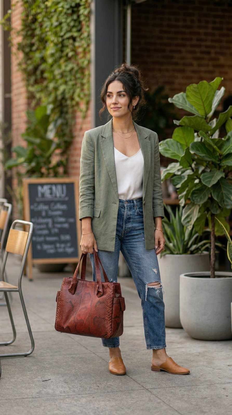 Model wearing a green blazer and jeans holding the red anaconda leather Wildcard shoulder bag in a modern casual setting.