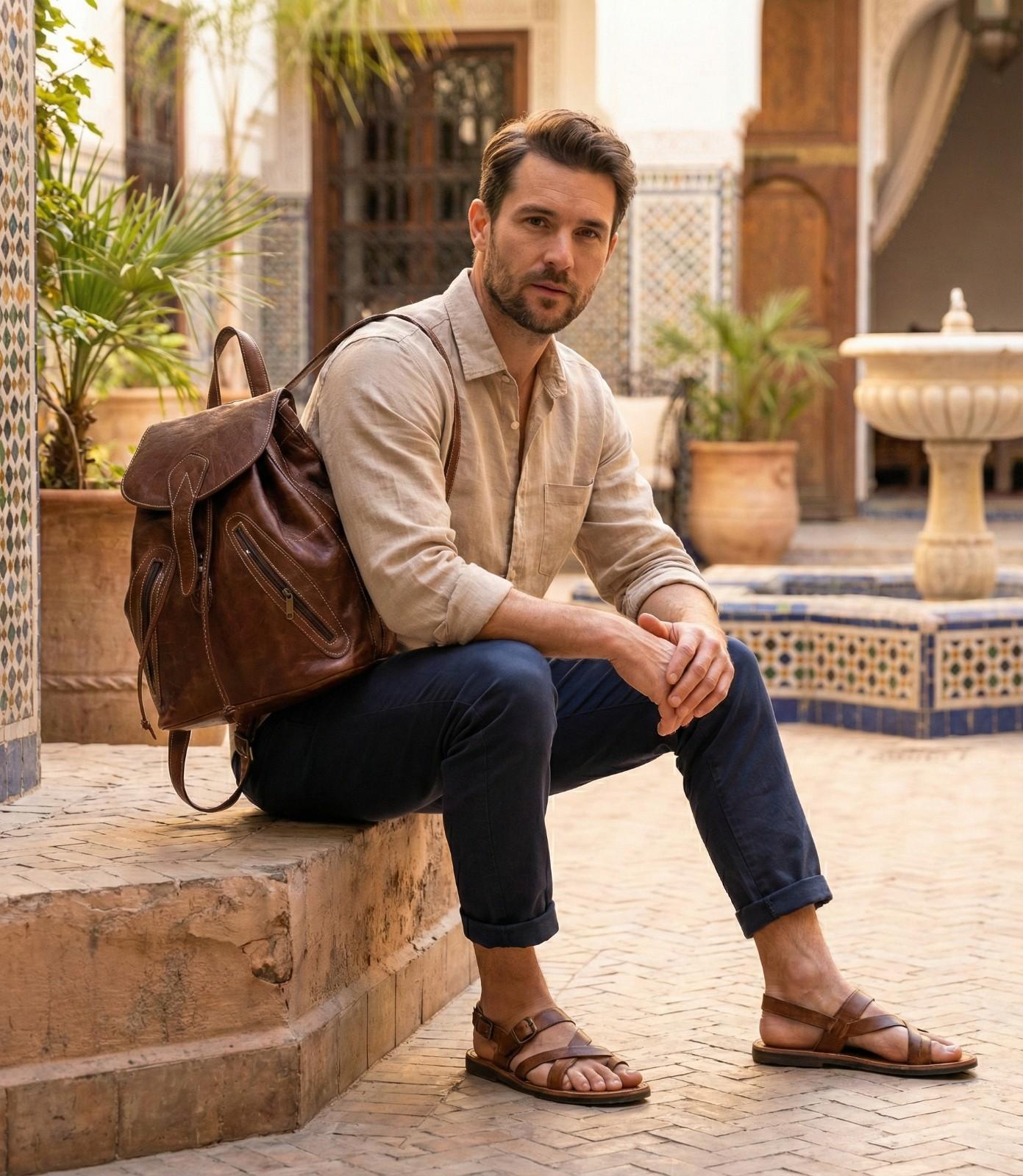 Angled shot of the Handmade Leather Backpack showing the depth and side pockets.