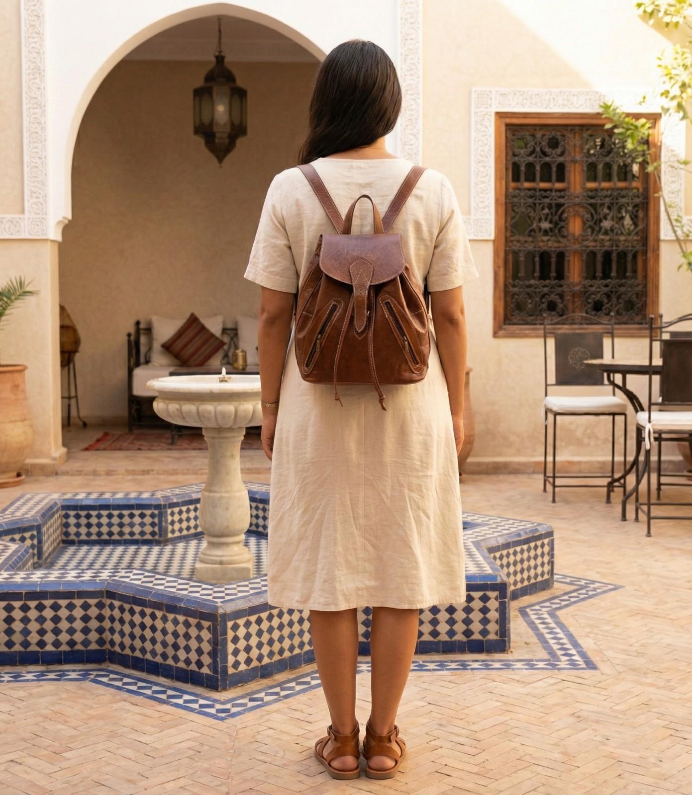 Front view of The Explorer, a Handmade Leather Backpack showing the buckles and pockets.