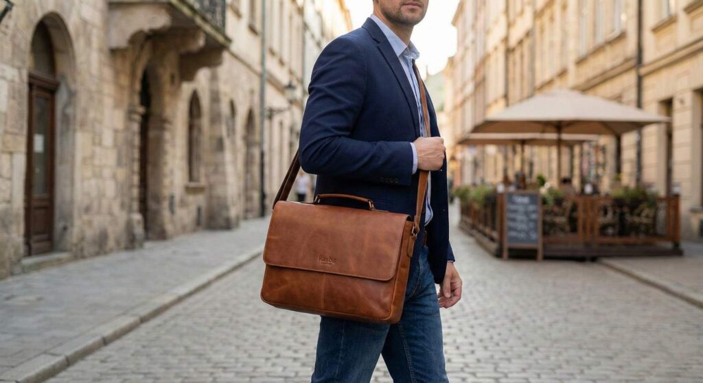 Open leather toiletry bag for men filled with grooming essentials.