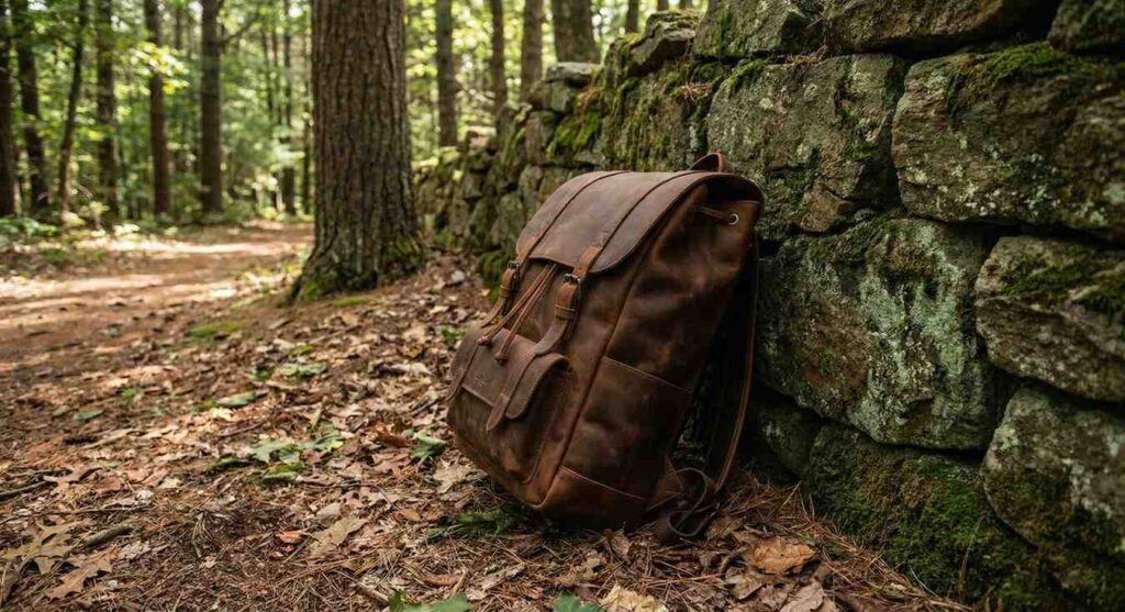 Durable leather backpack suitable for outdoor and urban use.