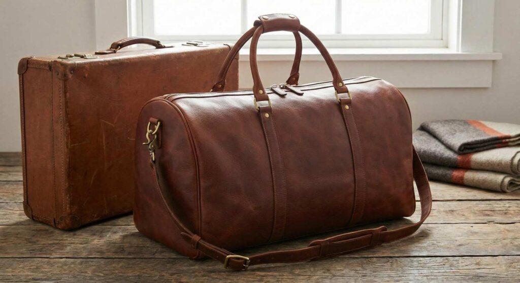 A collection of handmade Moroccan leather bags, wallets, and accessories by Kasba Leather laid out on a wooden table.