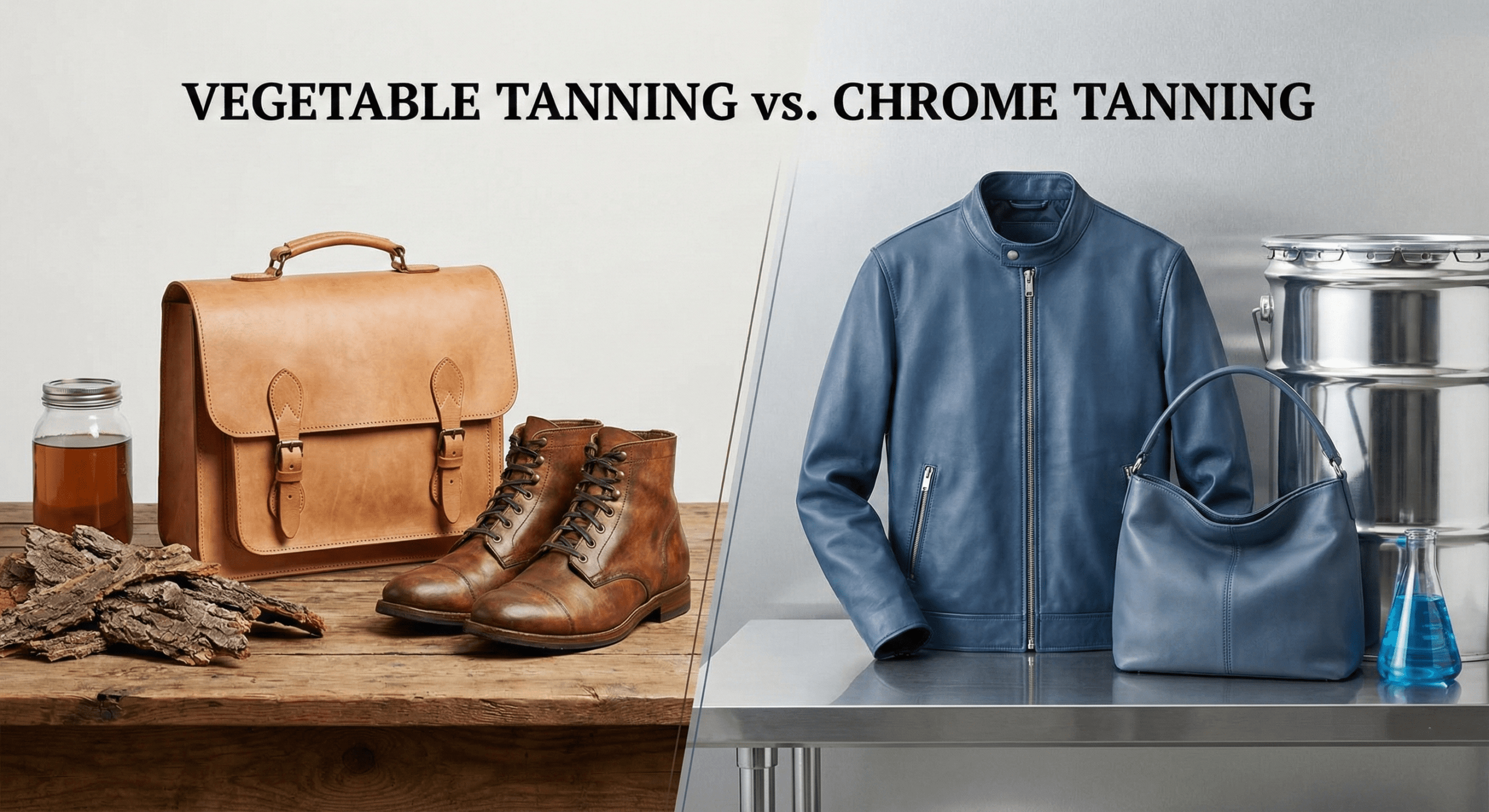 A side-by-side comparison of a raw hide and a finished leather wallet.