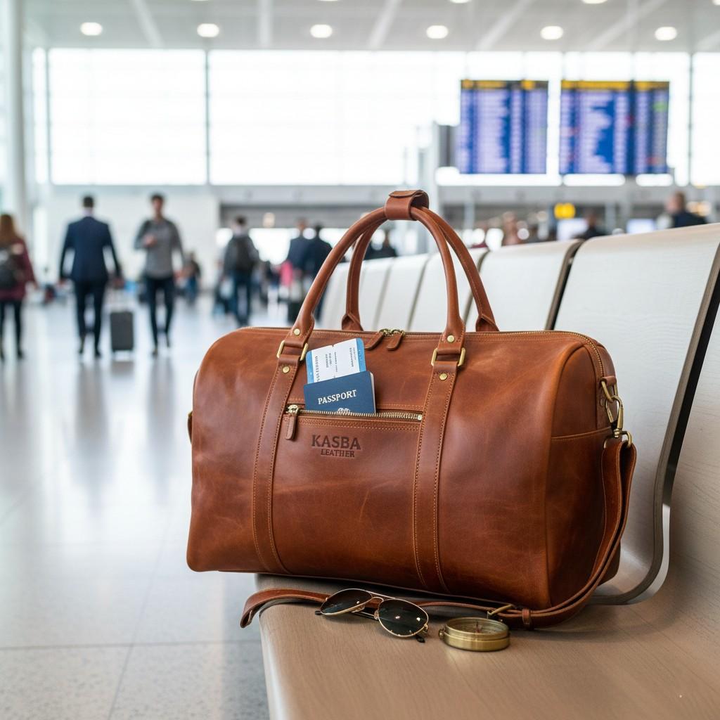 Kasba Leather full-grain leather duffle bag sitting on an airport bench.