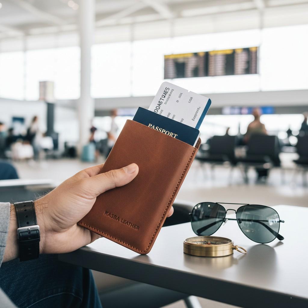 Hand holding a leather passport holder and boarding pass with travel essentials