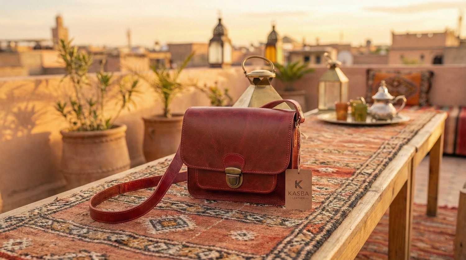 The Marrakech red leather bag by Kasba Leather sitting against a textured ochre wall