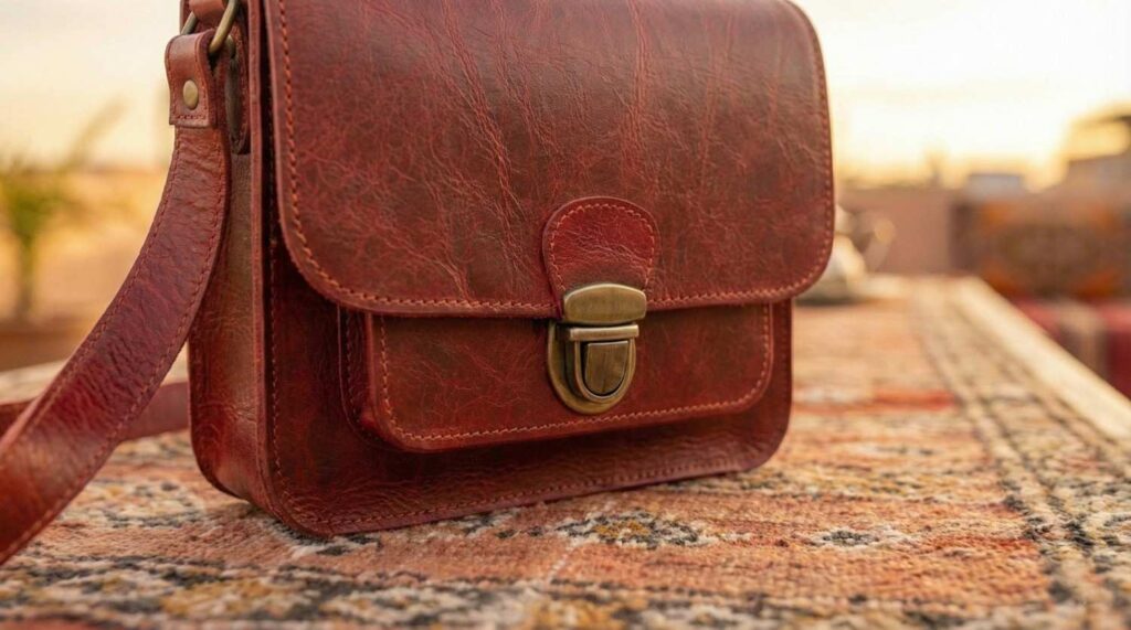 A close-up view highlighting the rich texture of the full-grain leather and the sturdy brass clasp of "The Marrakech" bag.