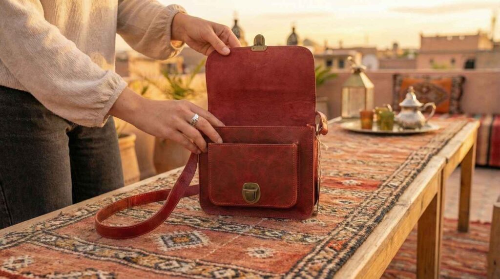 Opening "The Marrakech" reveals its practical design, ready for your daily essentials against the backdrop of the city that inspired it.