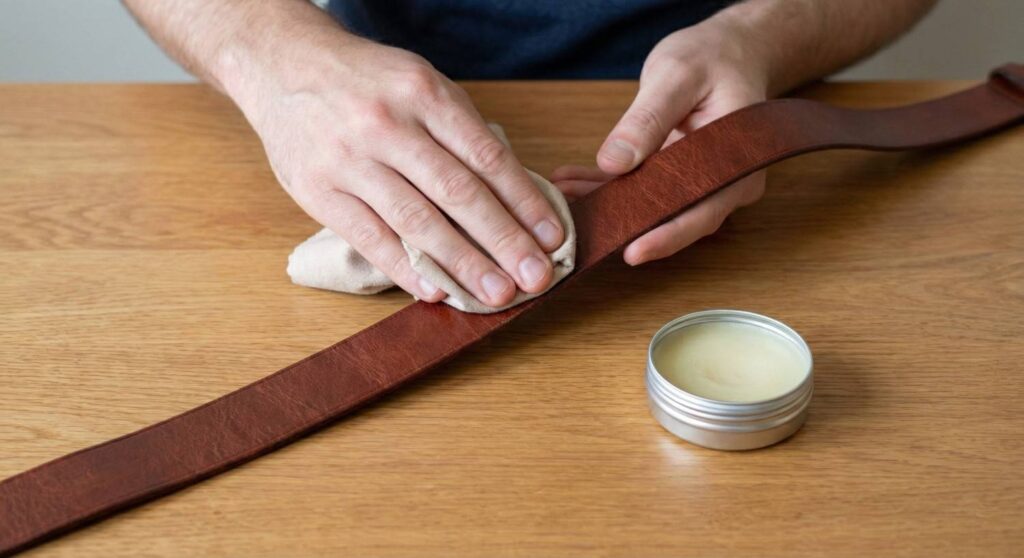 A person applying leather conditioner balm to a full-grain leather belt with a soft cloth