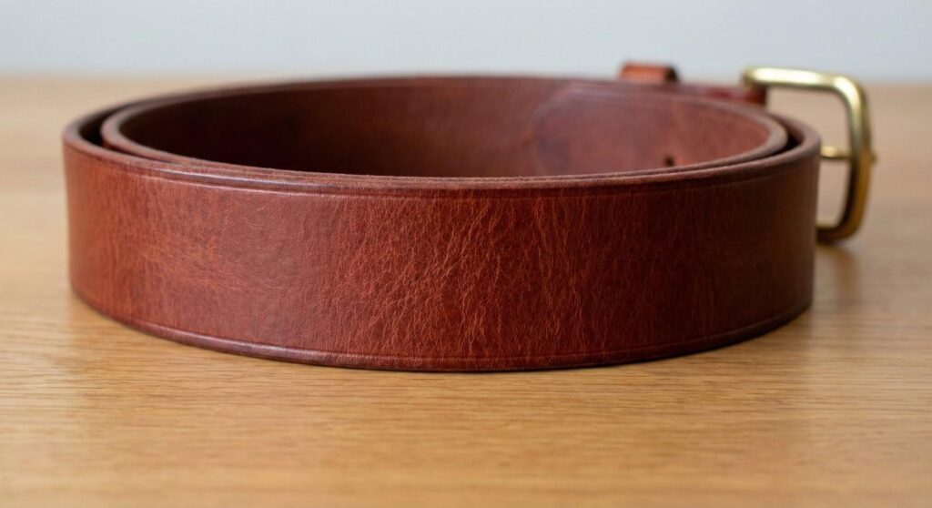 A close-up photograph of a new, high-quality full-grain leather belt from Kasba Leather, showing its natural grain and rich texture