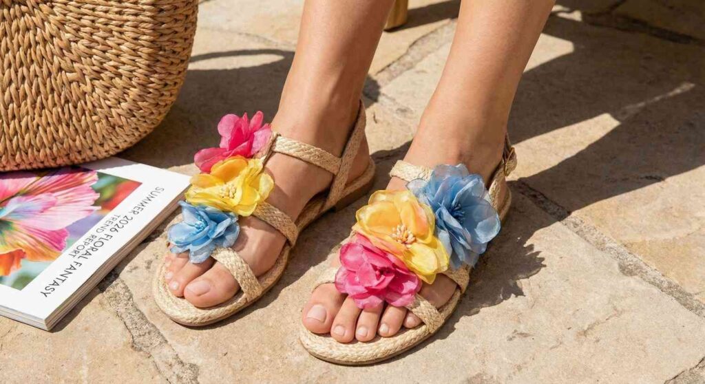 Floral embellished summer sandals with 3D flower appliques trending in 2026