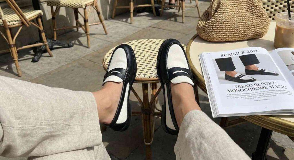 Two-tone summer shoes in contrasting black and white colors 2026 fashion trend