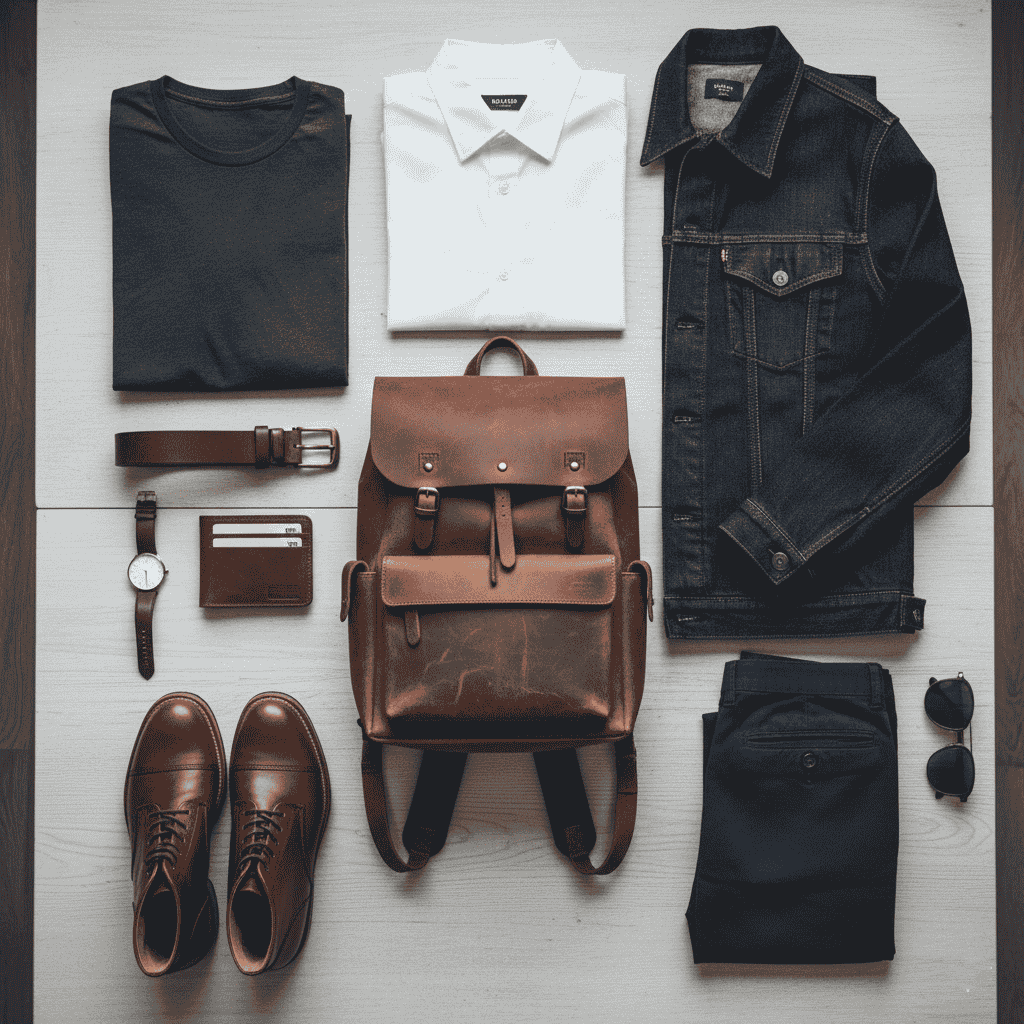Kasba Leather wallet, belt, and bag arranged with minimalist wardrobe essentials