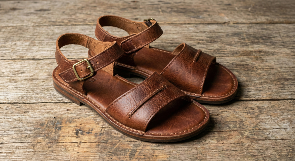 Worn-in pair of soft brown leather sandals on a sunny wooden deck