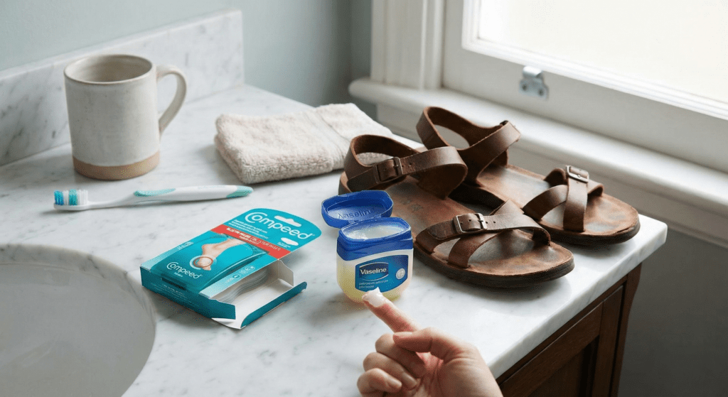 Close-up of blister pads and petroleum jelly on a bathroom counter next to leather sandals
