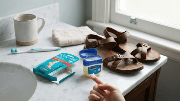 Close-up of blister pads and petroleum jelly on a bathroom counter next to leather sandals