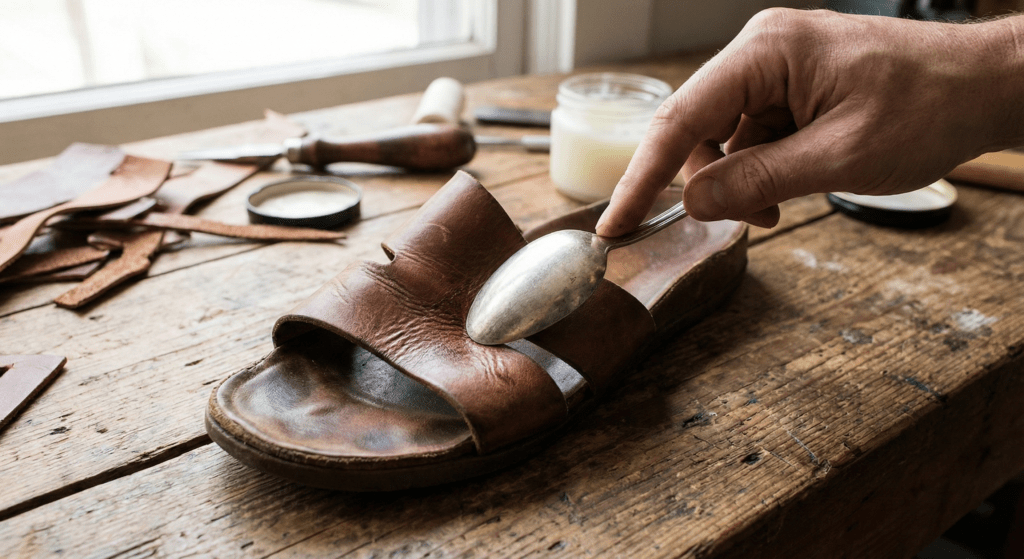 Hand using the back of a spoon to massage a leather sandal strap