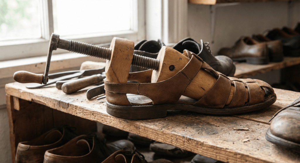 A wooden shoe stretcher inserted into a leather sandal on a shelf