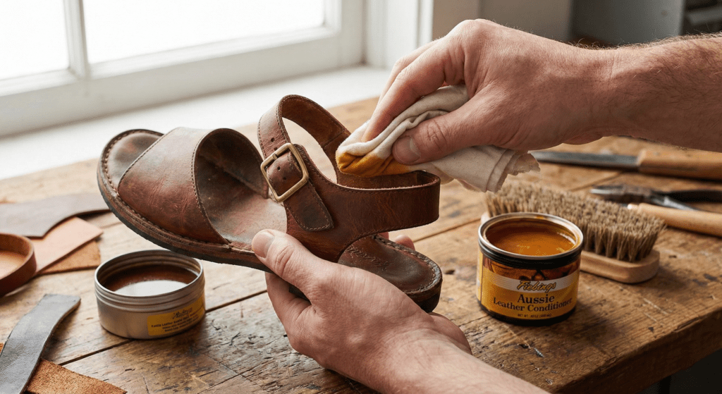 Hands applying leather conditioner to a sandal strap with a soft cloth