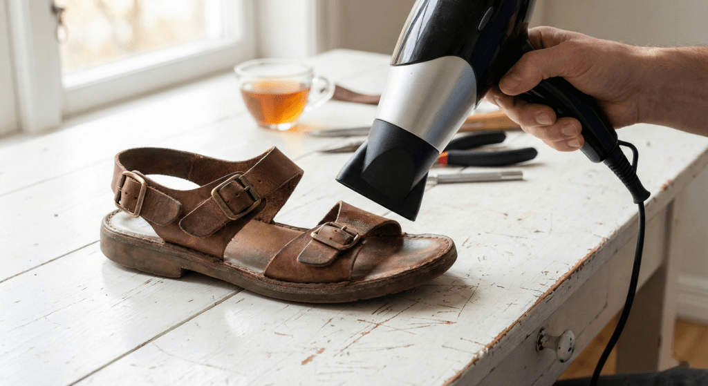 Hand holding a hairdryer near a leather sandal strap on a white table