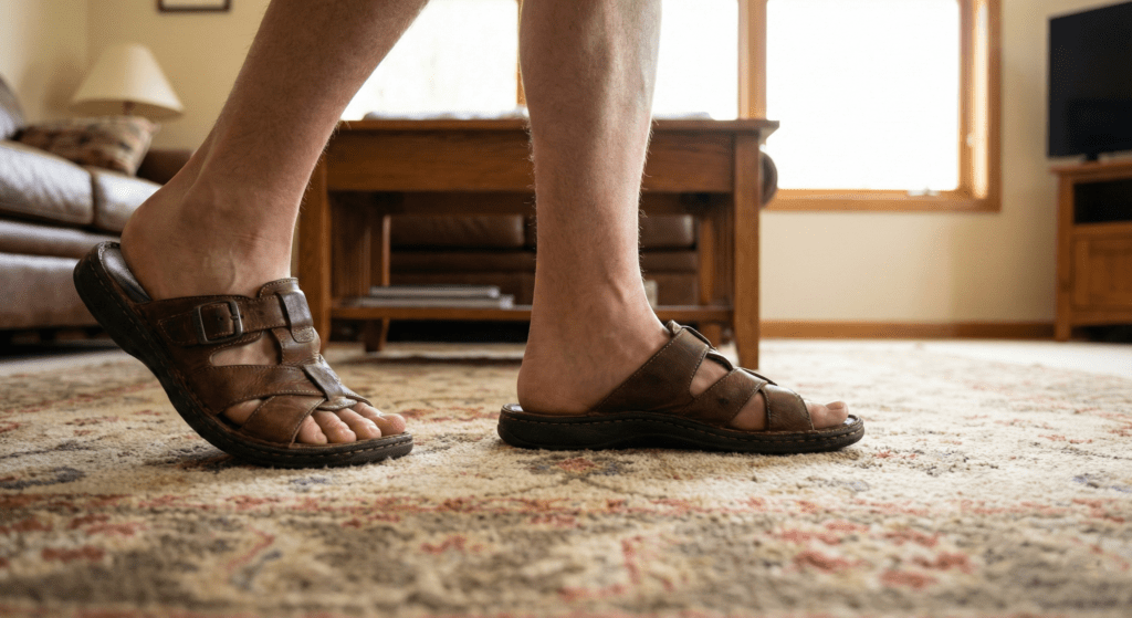 Person wearing leather sandals while walking on carpet indoors