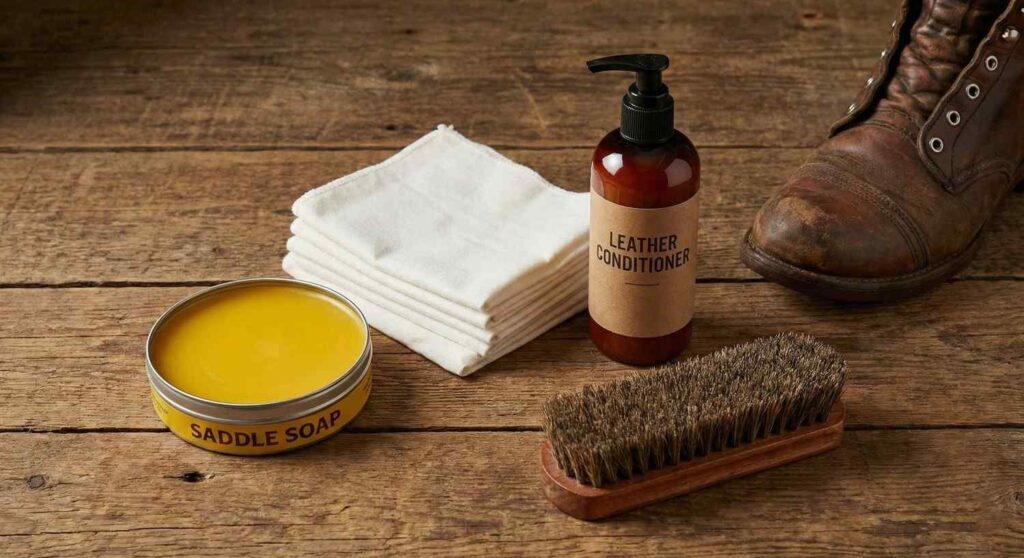 White leather tote bag being cleaned with soft cloth and leather cleaner