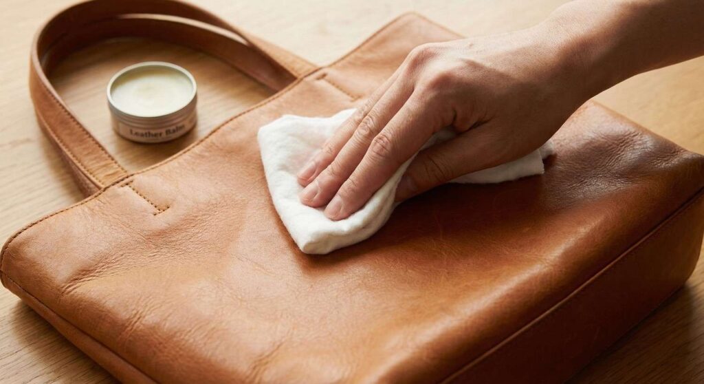 Clean tan leather handbag on white background showing proper care