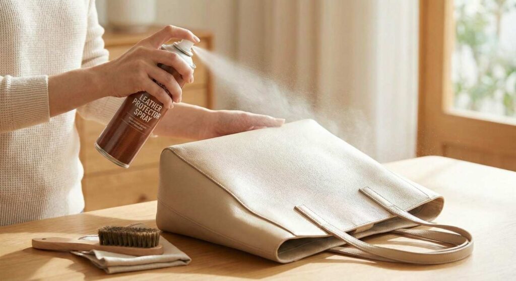 Close-up of hand gently cleaning tan leather bag with circular motions