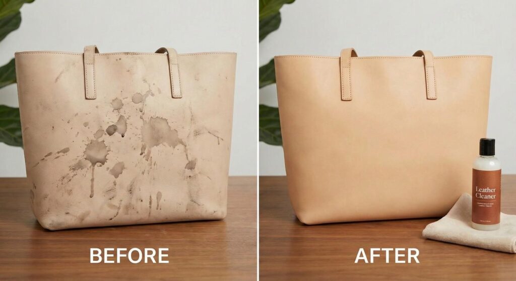 Leather cleaning supplies including saddle soap, soft cloths, and conditioner